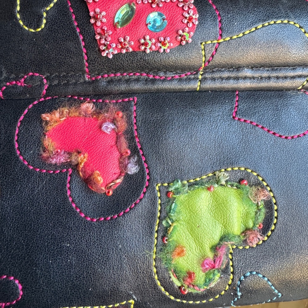 Rare! Vintage Mary Frances Black Shoulder Bag Beaded Colorful Heart Accents - Picture 10 of 17